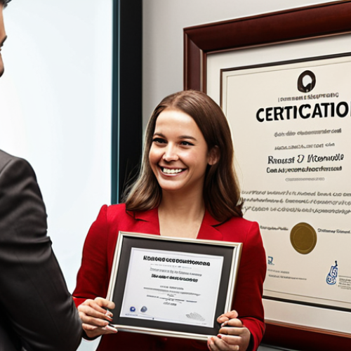 Home 11 **
A young professional, smiling confidently, receives a framed certification at an industry conference. The background shows other professionals networking. The overall tone is positive and aspirational, emphasizing career success.
**